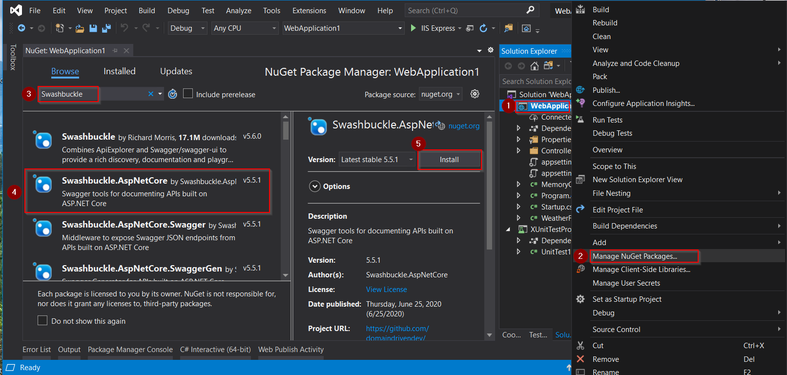 Visual Studio, Add Swashbuckle nuget package